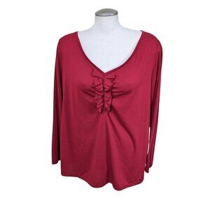 Talbots Shirt Top Womens Plus Size 2X Red Ruffle Front Stretch Knit Romantic